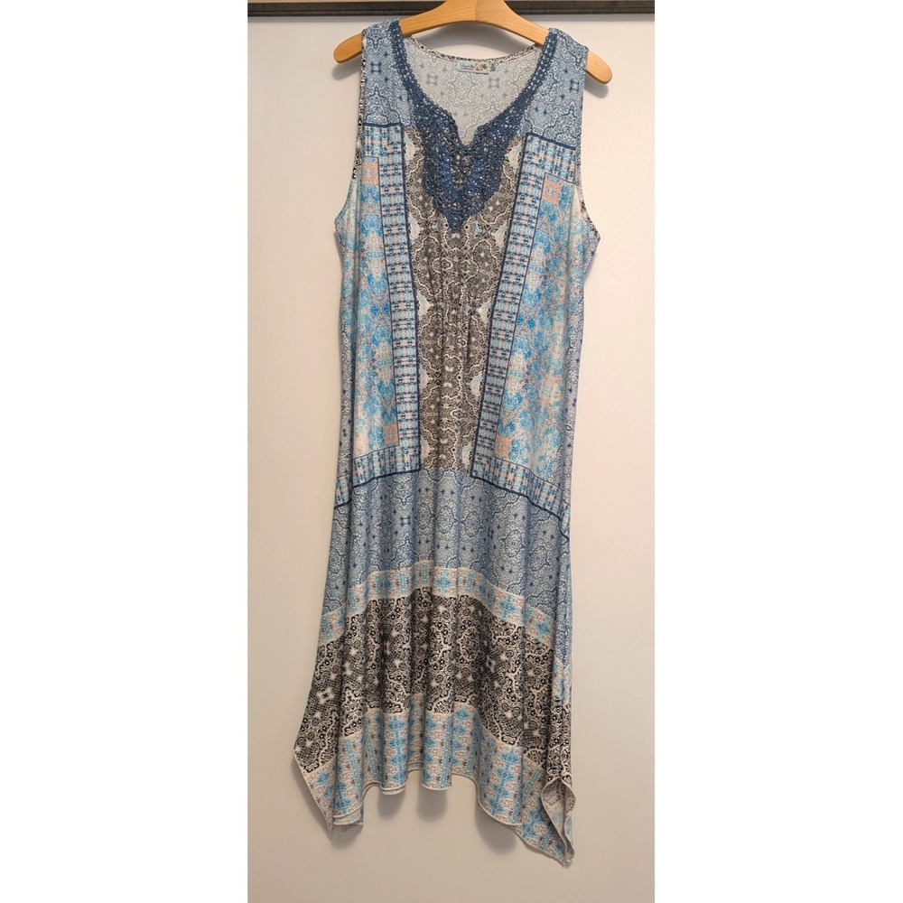 Unity World Wear Sleeveless Handkerchief Hem Tunic Dress Blue Boho Beaded 1X